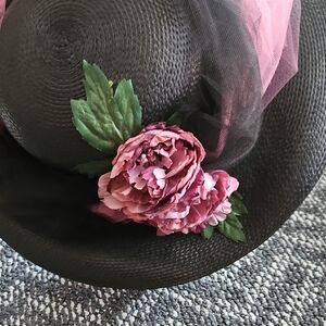 Elegant Black and Pink Hat with Floral Accent Perfect For Derby!